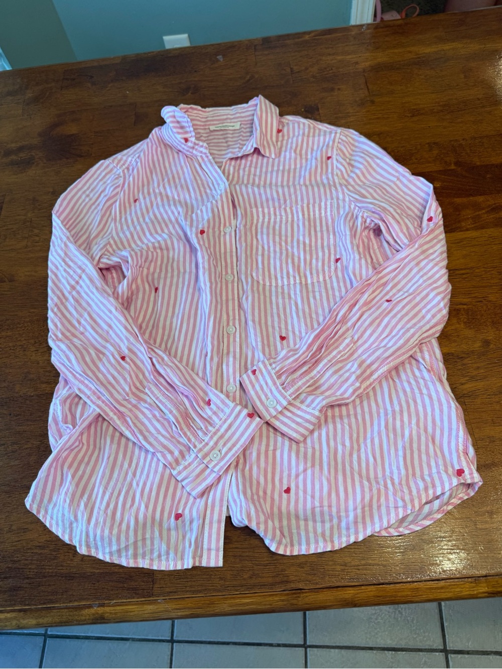 BeachLunchLounge Pink White Striped Heart Embroidered Button Down Shirt small